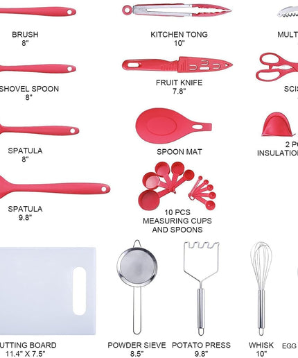 Kitchen Utensils Set, 42Pcs Nylon Cooking Utensils Set, Heat Resistant Kitchen Non-Stick Cooking Utensils Baking Tools，Spatula Ladle Whisk Shovel Spoon Soup (Rednew)