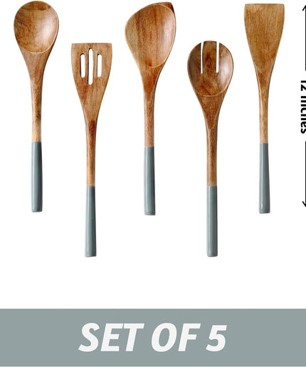 Wooden Spoons for Cooking, Set of 5 Wooden Utensils for Cooking, Nonstick Wooden Cooking Utensils, Kitchen Utensil Sets with Wooden Spoon Sets and Wooden Spatula - Grey