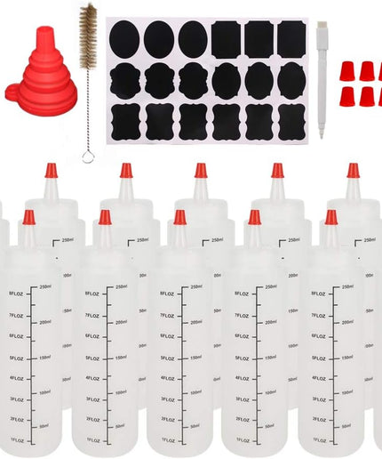 12 Pack 8-Ounce Plastic Squeeze Bottles with Red Tip Caps and Measurement - Good for Crafts, Art, Glue, Multi Purpose Set of 12 with Extra 18 Chalk Labels 6 Red Cap and 1 Pen