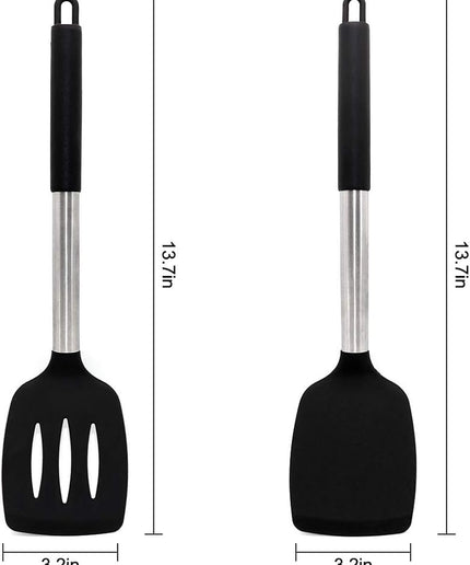 Silicone Spatula Heat Resistant Silicone Handle 2-Piece Set Black Slotted Turner Flexible Silicone Spatula Nonstick Turner Set for Fried Egg, Barbecue, Hamburg