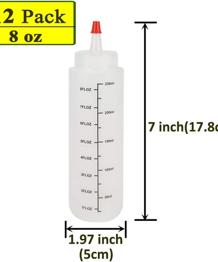 12 Pack 8-Ounce Plastic Squeeze Bottles with Red Tip Caps and Measurement - Good for Crafts, Art, Glue, Multi Purpose Set of 12 with Extra 18 Chalk Labels 6 Red Cap and 1 Pen