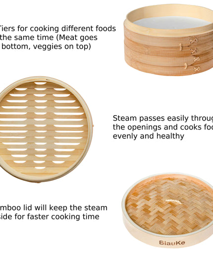 2-Tier Bamboo Steamer for Cooking Dumplings, Vegetables, Meat, Fish, Rice - Bamboo Steamer Basket 10 Inch with 2 Pairs Chopsticks, Tongs and 50 Paper Liners