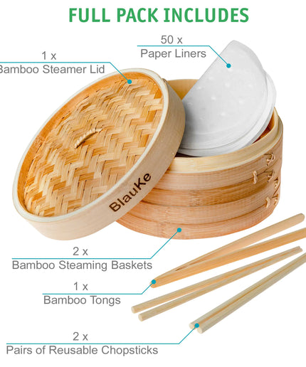 2-Tier Bamboo Steamer for Cooking Dumplings, Vegetables, Meat, Fish, Rice - Bamboo Steamer Basket 10 Inch with 2 Pairs Chopsticks, Tongs and 50 Paper Liners