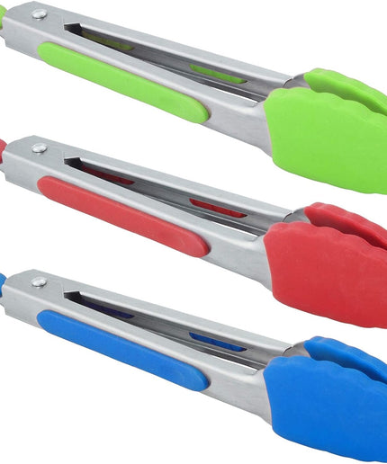 Small Tongs with Silicone Tips 7-Inch Mini Serving Tongs, Set of 3 (Red Blue Green)