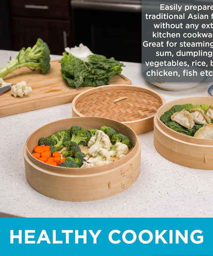 10-Inch Bamboo Steamer - Classic 2 Tier Design for Steaming Veggies, Dumplings, Dim Sum, Chicken, Fish, & Asian Food - Natural Eco-Friendly Steaming Basket, Ideal for Healthy Cooking