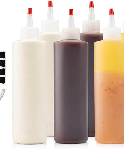 6-Pack Condiment Squeeze Bottles for Sauces - Includes Funnel, Erasable Marker & Reusable Labels, Perfect for Salad Dressings, Liquids, and Ketchup, Durable Plastic 16 Oz Bottles