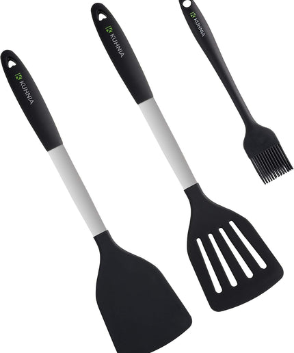 2-Piece Silicone Turner Spatula Set - 600F Heat-Resistant Kitchen Spatula Non-Stick Non-Slip Egg Turner Pancake Flipper + Bonus Silicone Basting Brush for Cooking and Baking, Black