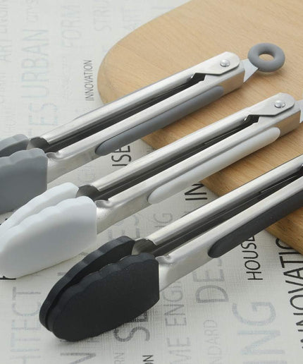 Small Silicone Tongs 7-Inch Mini Serving Tongs, Set of 3 (Black White Gray)