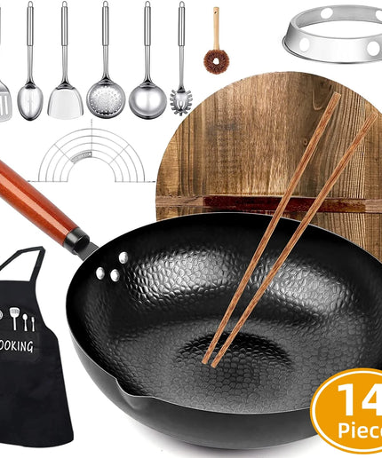 Carbon Steel Wok Pan, 14 Piece Woks & Stir-Fry Pans Set with Wooden Lid & Cookwares, Non-Stick Flat Bottom Chinese Woks Pan for Induction, 12.6''