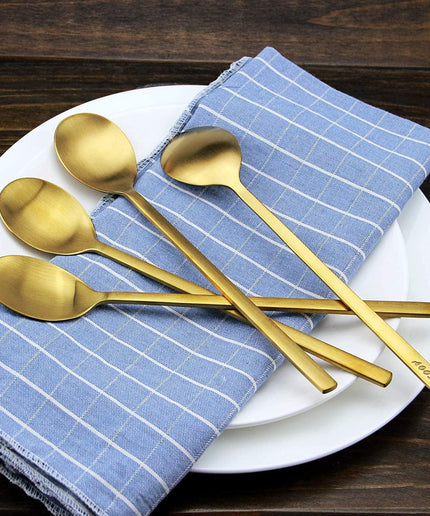 Korean Spoons, 8 Pieces Stainless Steel Soup Spoons, 8.5 Inch Korean Spoons,Gold Spoons with Long Handles, Asian Spoon,Cooking Spoon Set,Round Spoon for Home, Kitchen or Restaurant (Golden)