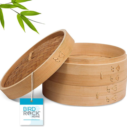 10-Inch Bamboo Steamer - Classic 2 Tier Design for Steaming Veggies, Dumplings, Dim Sum, Chicken, Fish, & Asian Food - Natural Eco-Friendly Steaming Basket, Ideal for Healthy Cooking