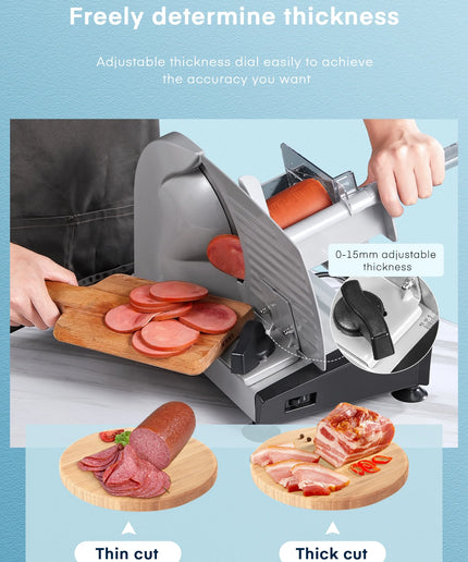 Meat Slicer, 200W Electric Food Slicer for Home Use, Meat Slicer with Two 7.5" Sharp Stainless Steel Blade(Serrated + Smooth) & 0-15Mm Precise Thickness Cut Deli Food, Silver