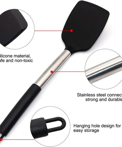 Silicone Spatula Heat Resistant Silicone Handle 2-Piece Set Black Slotted Turner Flexible Silicone Spatula Nonstick Turner Set for Fried Egg, Barbecue, Hamburg